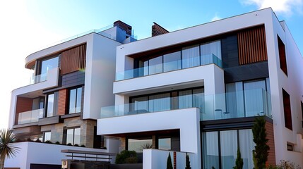 Modern White House Facade with Glass Balconies, MultiLevel Architecture & Blue Sky