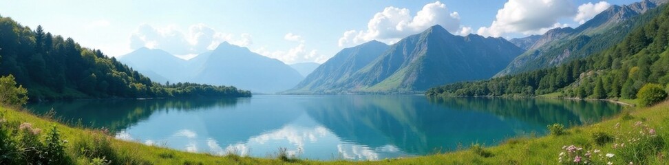 Landscape with mountain range and lake in the background, mountain, wilderness, nature