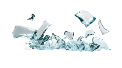 Shattered Glass Fragments Suspended in Air on Transparent Background Art Concept