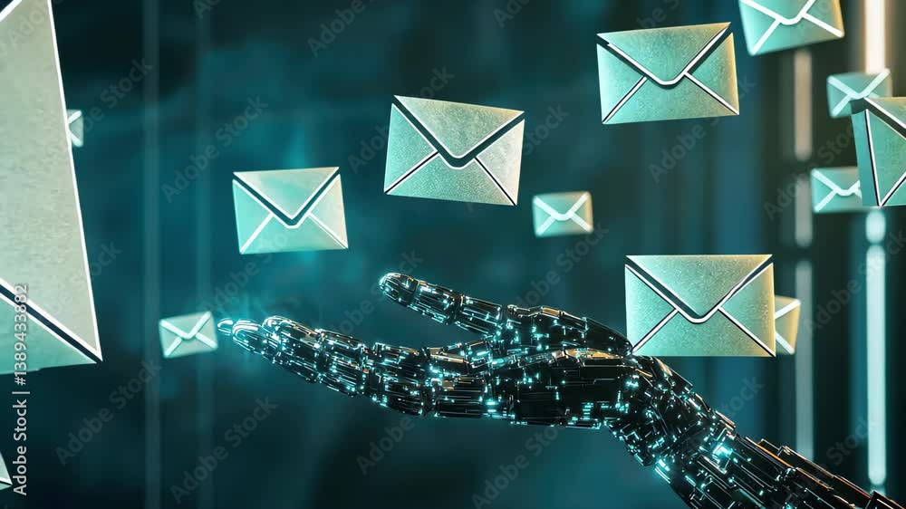 Poster ai technology sorts letters into envelopes for efficient email processing, ai-powered hand sorting l