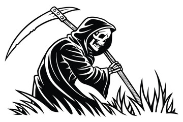 75 Dark grim reaper, hooded figure, scythe, red circle background, black and red color scheme, ominous, stylized illustration, vector art, sharp contrasts, menacing, gothic aesthetic, shadowy, death p