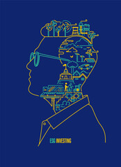 concept of ESG investing or sustainable investment, graphic of businessman character with ESG inside