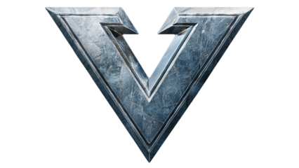 Png of Stylized metallic letter 'V' with sharp angles and textured surfaces, conveying strength and modernity on transparent background.