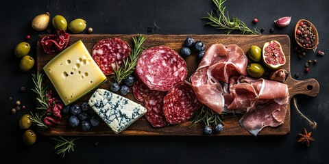 Fototapeta premium Meat, Cheese, and Appetizer Platter with Prosciutto, Salami, and Olives on Wooden Board