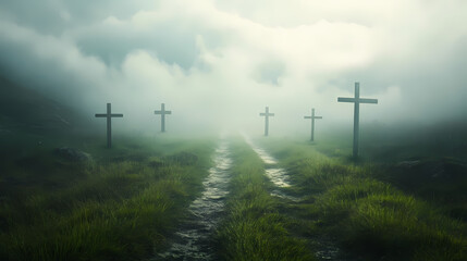 Obraz premium Crosses vanishing in the fog on a grassy path evoke mystery and solemnity. Silent Vanishing. Illustration