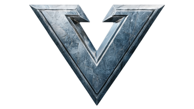 Png of Stylized metallic letter 'V' with sharp angles and textured surfaces, conveying strength and modernity on transparent background.