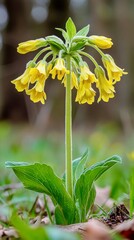 Yellow cowslip wildflower, upright stem with clustered blooms, botanical cut-out style