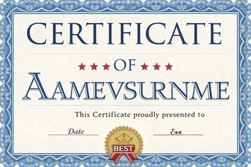 Formal Certificate of Achievement with Blue Ornate Border, Gold Script Name, and Best Award Emblem