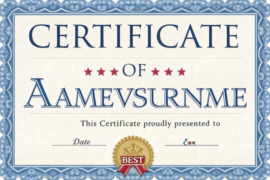 Formal Certificate of Achievement with Blue Ornate Border, Gold Script Name, and Best Award Emblem