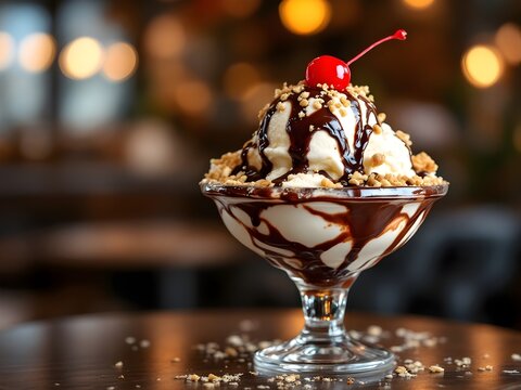 Vanilla ice cream with chocolate and cherry