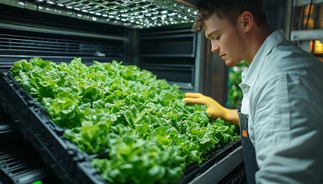 Urban Farmer Tending Lettuce Crop