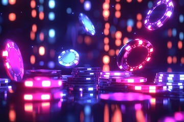Stacks of glowing neon casino chips rise as others flip above a glossy surface and digital lights