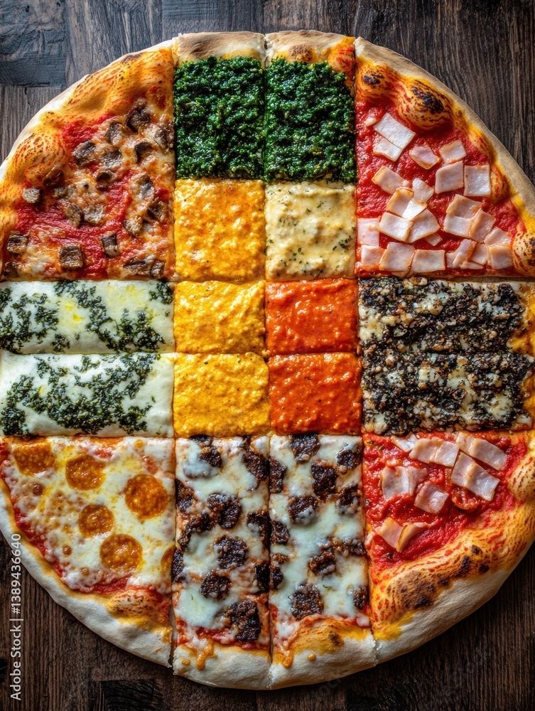 Poster colorful pizza display arranged in a vibrant chessboard pattern with diverse toppings and sauces