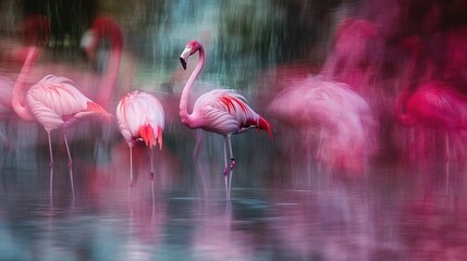 Flamencos rosados en aguas tranquilas con efecto de movimiento artístico y ambiente etéreo en tonos suaves y vibrantes