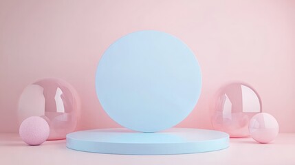 Pastel geometric display podium, minimal background, soft pink and blue
