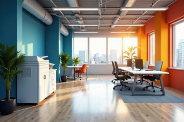Modern office space with colorful decor and sleek furniture, workspace, corporate