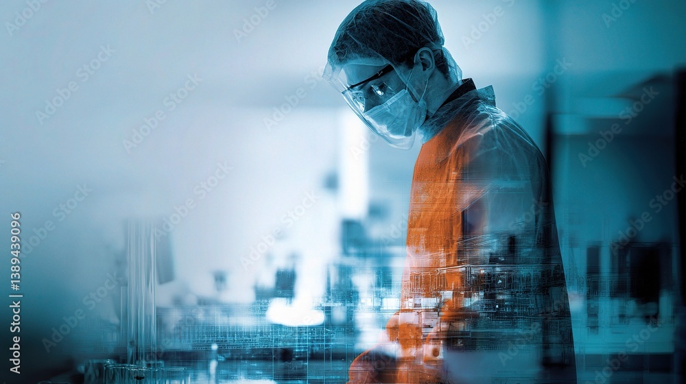Poster double exposure of worker in laboratory setting with digital effects