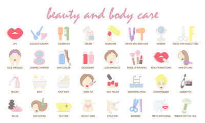 set of icons for body care, beauty, cosmetology, hygiene and makeup creation. Icons in flat style.Manicure, beauty salon, style and fashion