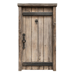 Rustic wooden door standing in quiet solitude against a backdrop of nature at dusk, inviting curiosity and exploration in a serene setting
