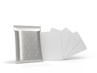 3D Playing cards collectible with shiny foil plastic booster pack mockup isolated. Blank trading card, cards of poker hand, bet, casino, gambling, board game, game cards, credit card or business card