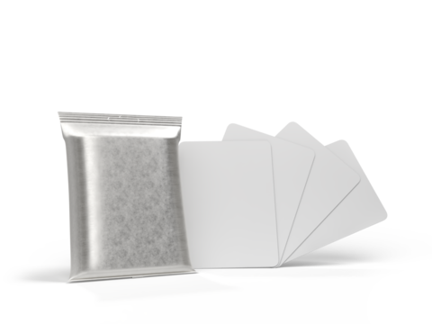3D Playing cards collectible with shiny foil plastic booster pack mockup isolated. Blank trading card, cards of poker hand, bet, casino, gambling, board game, game cards, credit card or business card