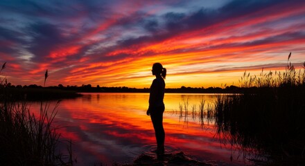 Fototapeta premium Woman Silhouetted Against Vibrant Sunset - Silhouette of a woman standing by a lake, watching a breathtaking sunset with fiery orange and red hues reflected in the water