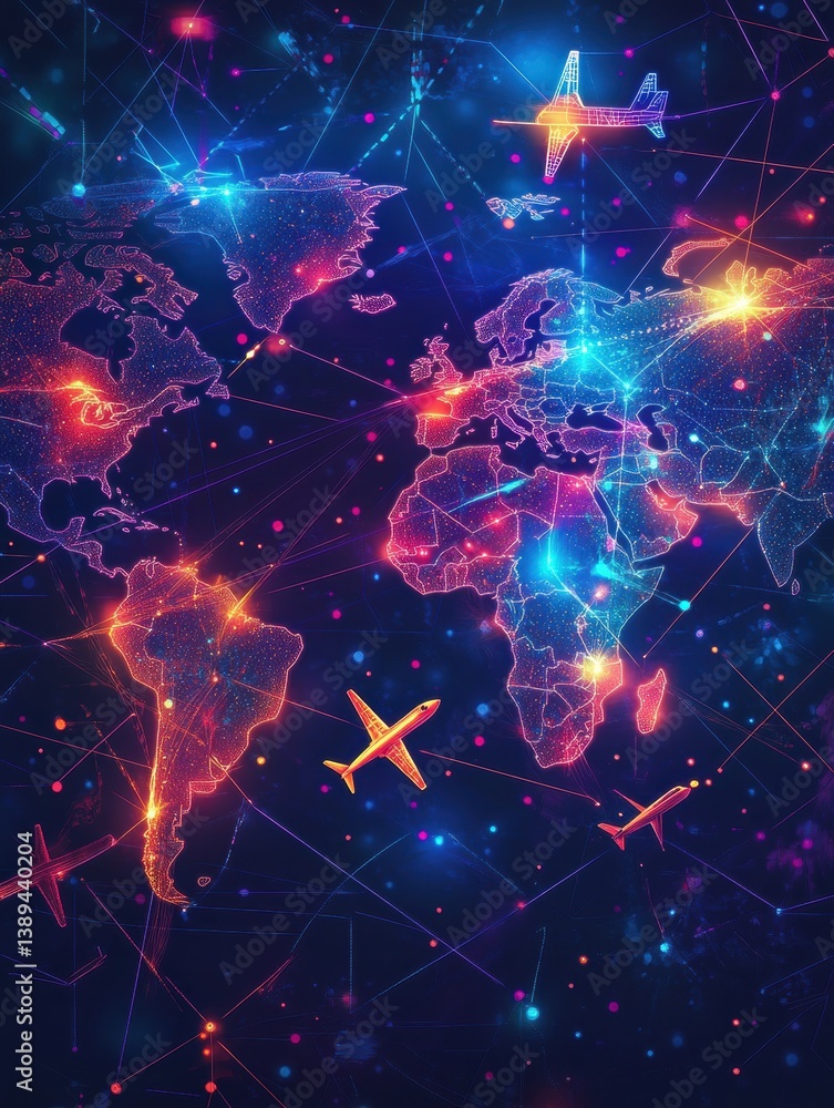 Poster vibrant abstract world map featuring glowing airplane icons and dotted travel routes in a neon futur