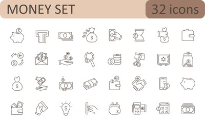 Money line icons. Set of Banking, Wallet and Coins icons. Credit card, Currency exchange and Cashback money service.Banking credit card, atm payment. set of money icons in flat design