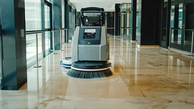 Floor Scrubber Cleaning Marble Floor in Modern Building Interior