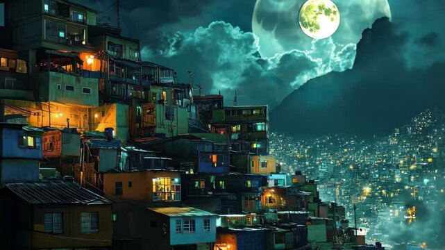 Futuristic favela cityscape at night under a luminous full moon with glowing windows and distant urban skyline, Futuristic city favela dystopia night