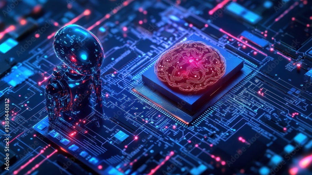 Poster Exploring the intersection of artificial intelligence with a robot, microchip, and digital brain on a vibrant holographic platform