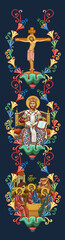 Obraz premium The Jesus Christ the greatest Bishop sitting on the throne. Decorative vintage floral border with crucifixion and Holy Trinity, illustration in Byzantine style