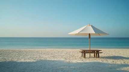 Fototapeta premium White parasol and wooden table setup on private beach sand, ready for guests