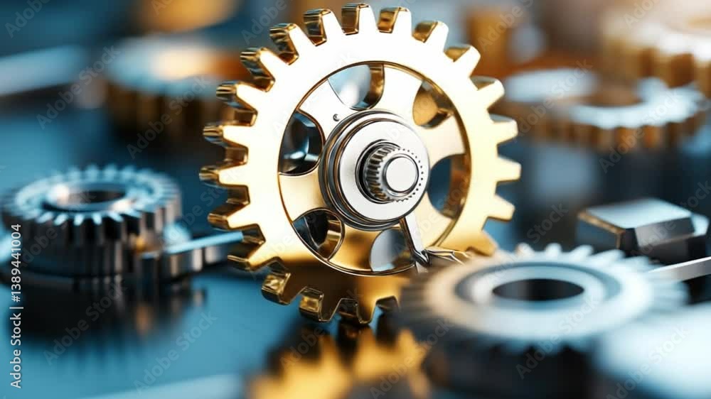 Poster mechanical symphony: a detailed close-up showcases an array of metallic gears, highlighting their in