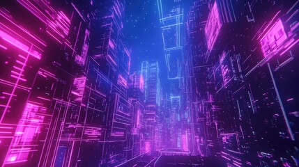 A neon blue background with futuristic grid lines and a glowing cyberpunk-style aesthetic.