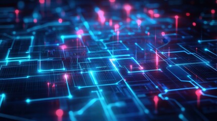 A neon blue background with futuristic grid lines and a glowing cyberpunk-style aesthetic.