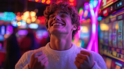 Fototapeta premium Young man in a white sweater celebrates with clenched fists beside glowing slot machines