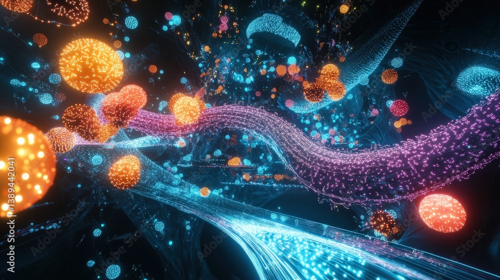 Poster a next-level computing theme with quantum circuits, glowing particles, and advanced digital effects.