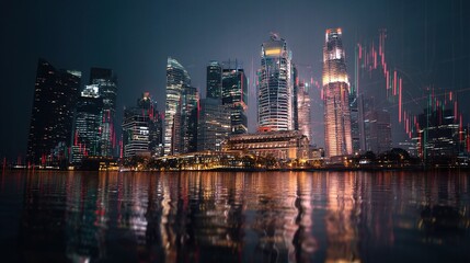 Obraz premium Urban Skyline of Singapore with Financial Graph Trends Overlaid