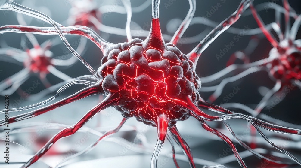 Poster bleeding stroke brain artery, cellular structure with intricate connections and a vibrant red nucleu