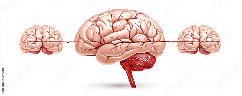 Poster bleeding stroke artery, illustration of a human brain with two smaller brains connected by a line, e