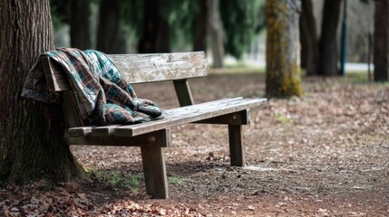 Naklejka premium Economic struggles poverty crisis. A weathered bench under a tree with a blanket draped over it, surrounded by fallen leaves.