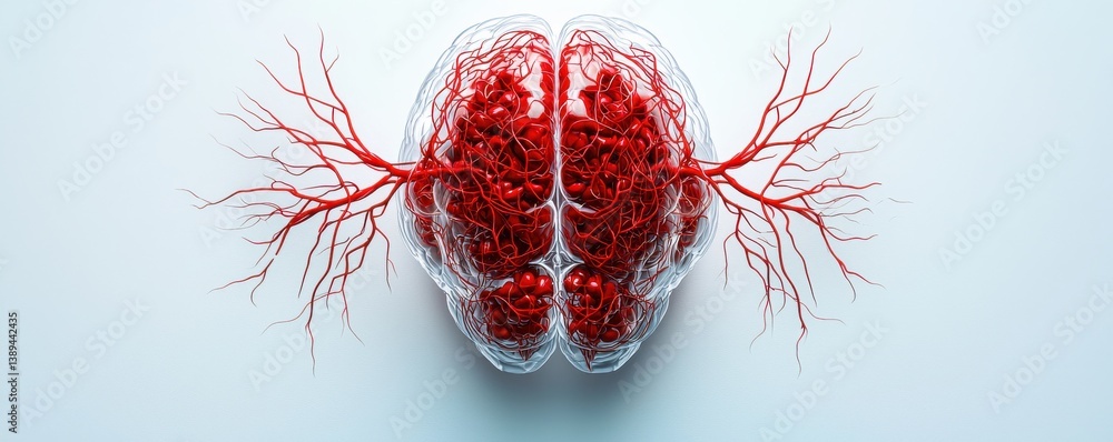 Poster bleeding stroke brain artery, abstract representation of a brain with intricate red veins extending 