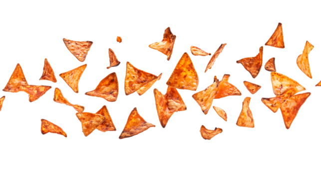 Crispy Mexican Nachos Chips Soaring Dramatically on Transparent Background