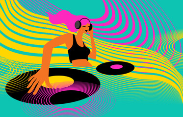DJ woman vector illustration, music party poster , music fest banner	
