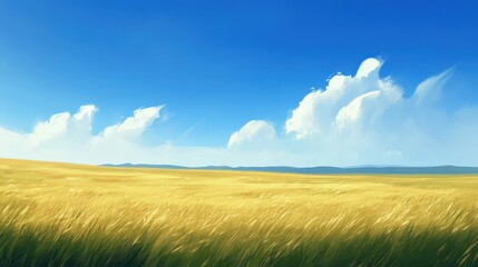 Obraz premium panoramic grassland landscape with vast golden fields stretching endlessly under a clear blue sky