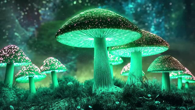 Magic mushrooms glowing in an otherworldly space environment, 3d magic mushrooms in space green glow