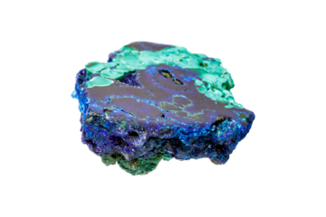 Malachite mineral stone with azurite on white background close up