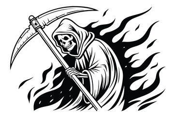 76 Grim reaper, hooded figure, scythe, black and white illustration, dotted shading technique, ethereal, floating, dark shadows, flames, ominous, detailed linework, gothic style, eerie atmosphere, sup