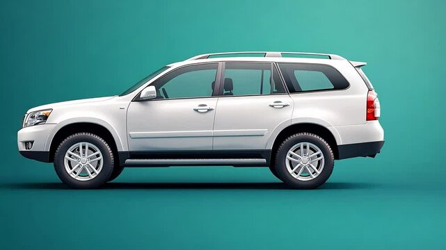 White SUV: A sleek, modern white SUV, captured in a professional studio shot against a vibrant, teal backdrop.